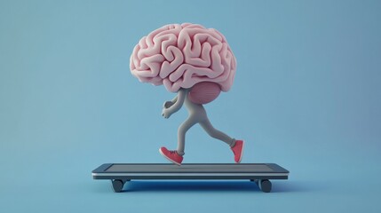 The concept of mental exercise is illustrated by a 3D render of a brain character running on a treadmill