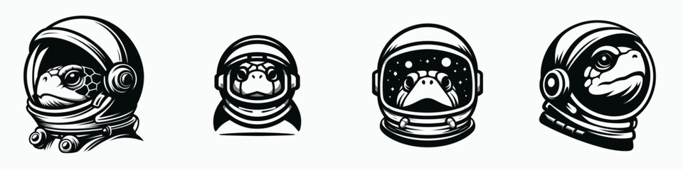 Fototapeta premium Turtle head with astronaut helmet. Space suit universe galaxy cartoon clipart. reptile helmeted voyager adventure journey.
