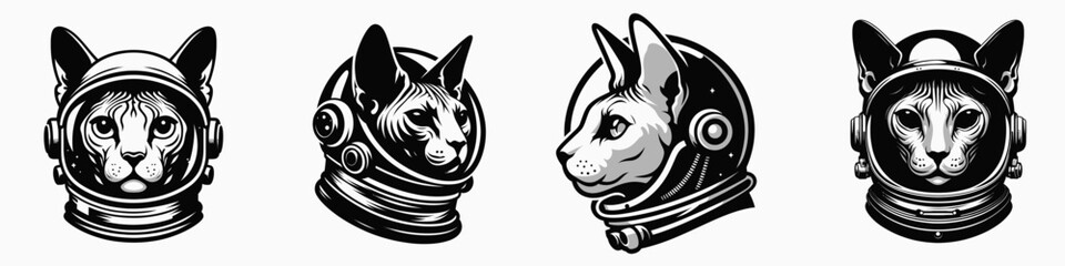 Obraz premium Sphynx Cat head with astronaut helmet. Space suit universe galaxy cartoon clipart. Hairless feline cranium in gear celestial voyage.