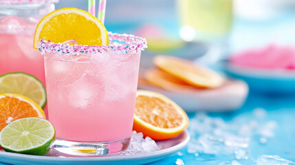 Fototapeta premium Refreshing Summer Drink: Pink Lemonade with Citrus and Sprinkles, for a Festive Occasion