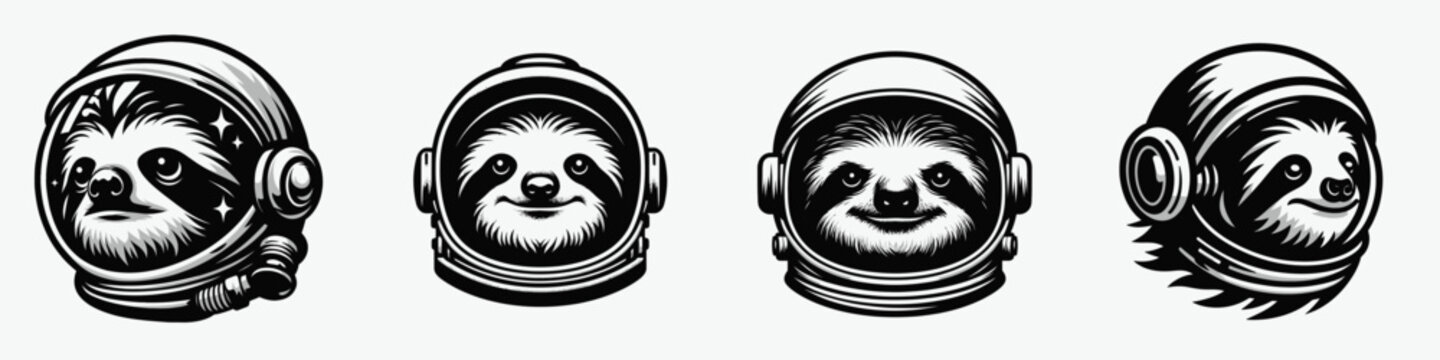 Sloth head with astronaut helmet. Space suit universe galaxy cartoon clipart. Cosmonaut face dome explorer headgear.