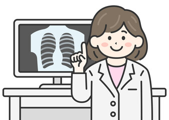 モニターを見せて、説明する女性医師（線画カラー）のイラスト