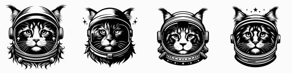 Fototapeta premium Maine Coon Cat head with astronaut helmet. Space suit universe galaxy cartoon clipart. Fluffy feline face within spacesuit dome cosmic travel.