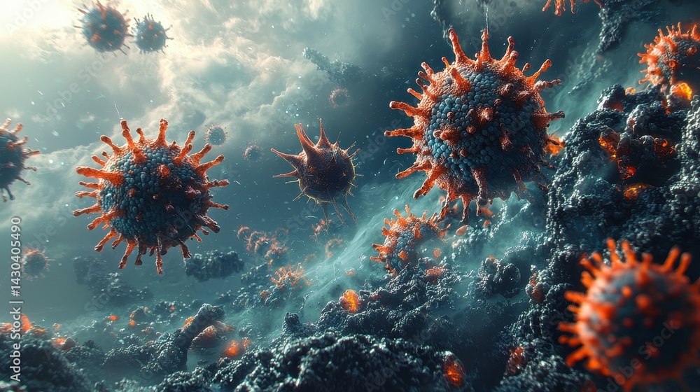Poster colorful 3d rendering of virus structures floating in a surreal environment.