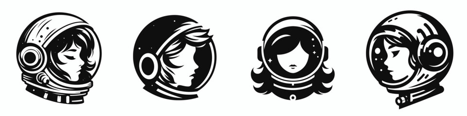  head with astronaut helmet. Space suit universe galaxy cartoon clipart. Female visage inside cosmic dome for stellar adventure picture.