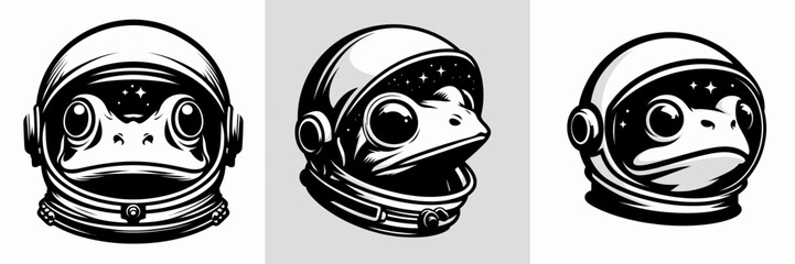 Fototapeta premium Frog head with astronaut helmet. Space suit universe galaxy cartoon clipart. Amphibian portrait cosmic helmet journey.
