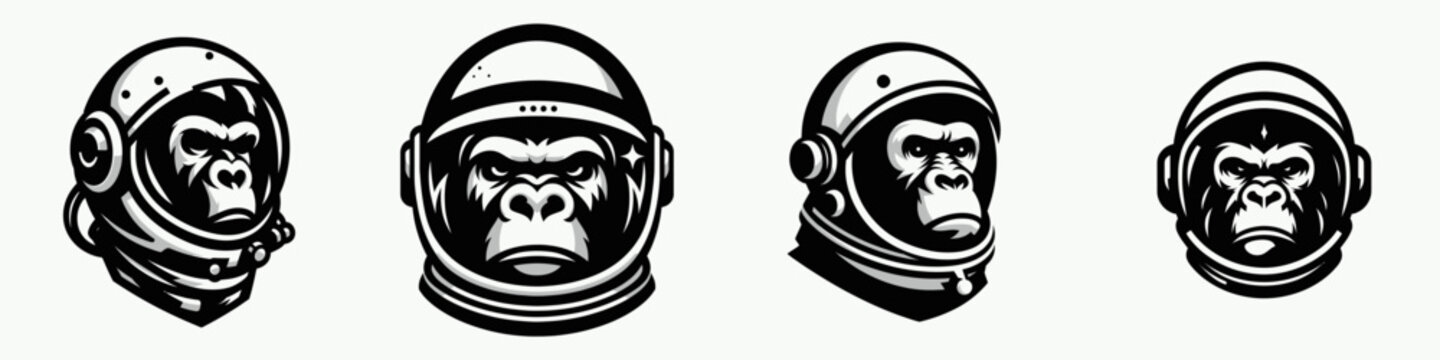 Gorilla head with astronaut helmet. Space suit universe galaxy cartoon clipart. Primate in suit ape headgear galactic explorer.