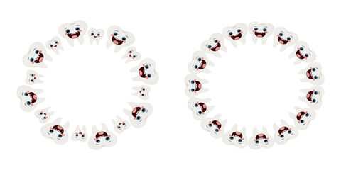 Cartoon teeth with eyes and emotions forming a decorative frame, outline style, isolated vector illustration, cute and playful design