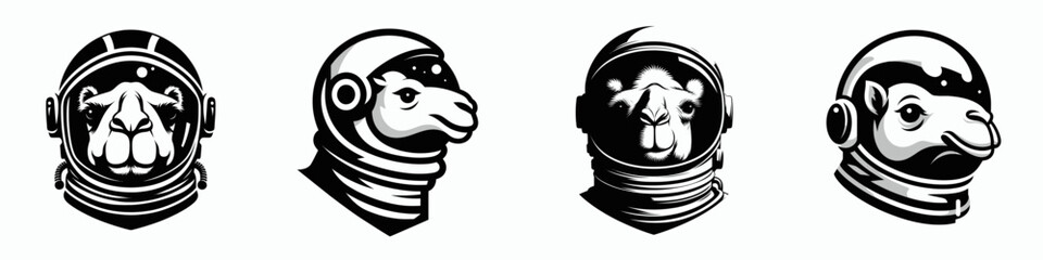Camel head with astronaut helmet. Space suit universe galaxy cartoon clipart. Desert mammal headgear cosmic explorer gear.