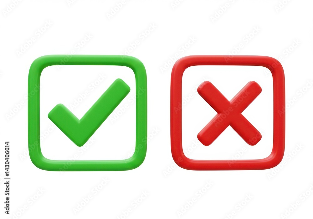 Poster green check mark and red x mark in square box symbols set isolated on white background