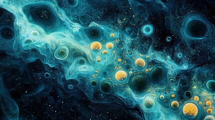 Abstract cosmic scene with vibrant blues and golden spheres representing the universe.