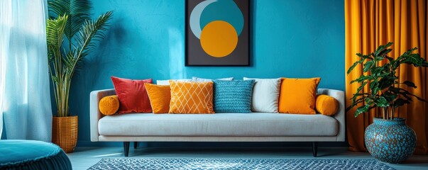 Colorful living room with modern decor and vibrant cushions in bright colors