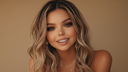 Fototapeta premium The vibrant beige background accentuates the stunning cosmetic beauty, characterized by luscious curly locks, a radiant glowing complexion, and flawless facial features that embody healthy skin and a