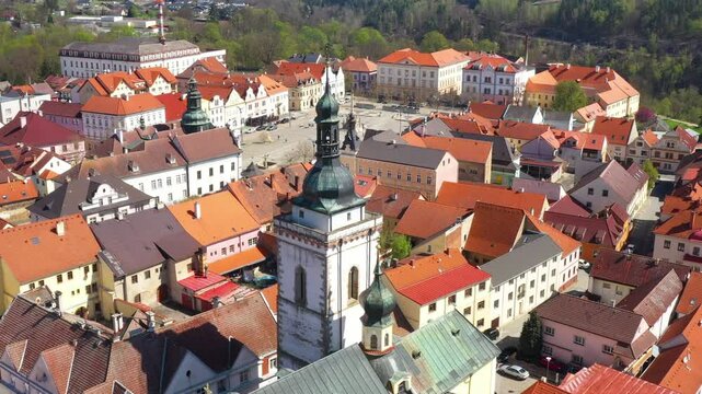 Aerial view to historic center of Stribro town. Medieval city from 12th century. It has about 8,100 inhabitants. Amazing tourist destination near Slavkovsky les. Czech Republic, Central Europe.