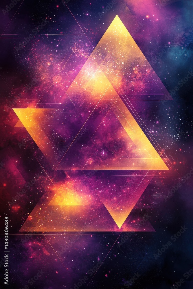 Poster abstract geometric art featuring vibrant triangular shapes and cosmic elements