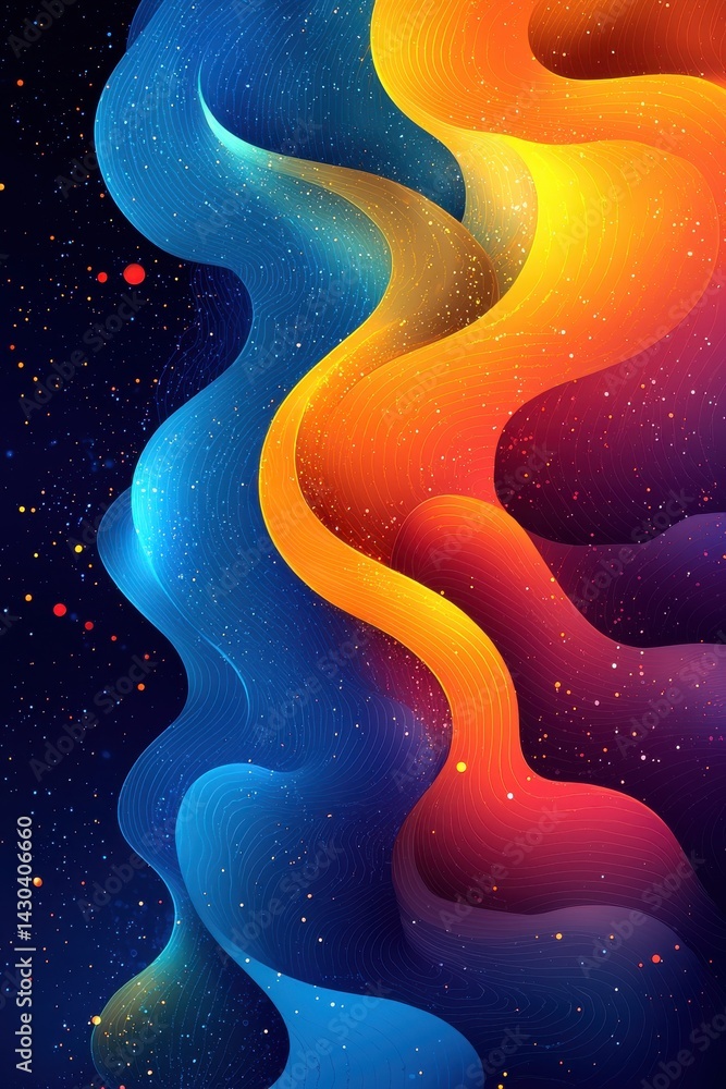 Poster abstract vibrant artwork with colorful wave patterns and starry background