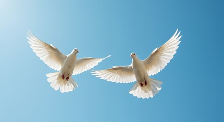 Two white doves gracefully soar across a clear blue sky spreading peace