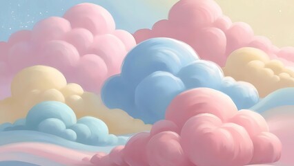 Pastel colored fluffy clouds in pink blue and yellow hues float dreamily in the sky illustration