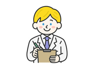 カルテに記入する、白人の男性医師（線画カラー）のイラスト
