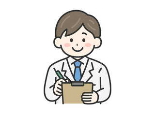カルテに記入する、男性医師（線画カラー）のイラスト