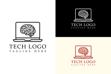 illustration of outlines of laptop and brain, abstract, vector logo for cloud computing, artificial intelligence, database, electronics, device, data center, data analyst, deep learning, and more