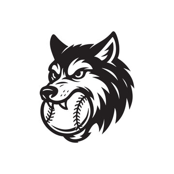 wolf head biting baseball, mascot for baseball