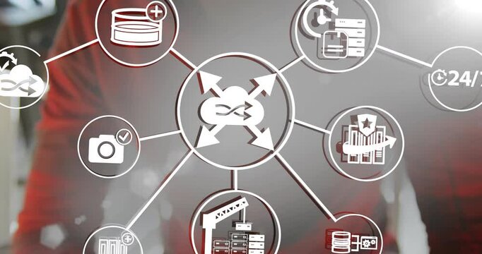 Man touching touchscreen, floating cloud icons orbiting central network diagram in tech office
