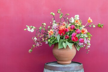 Vibrant floral arrangement in terracotta pot against a fuchsia backdrop.