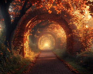 Fototapeta premium Autumnal archway path bathed in golden light