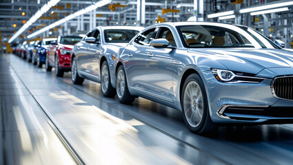 A row of shiny, new cars moves along an assembly line, reflecting progress and innovation.