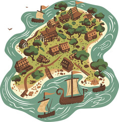 Medieval Island Village Map Illustration