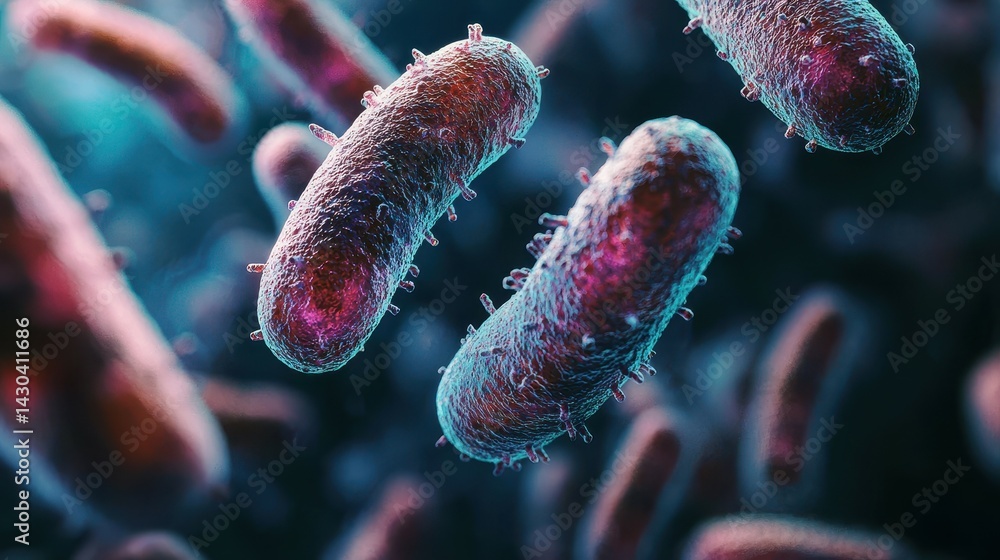 Poster colorful rendering of bacteria in space, showcasing their intricate structures.
