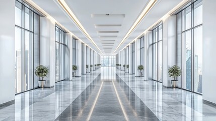 The combination of shiny floors, big windows, and potted plants in the office hallway creates a professional and clean ambiance, perfect for a corporate setting