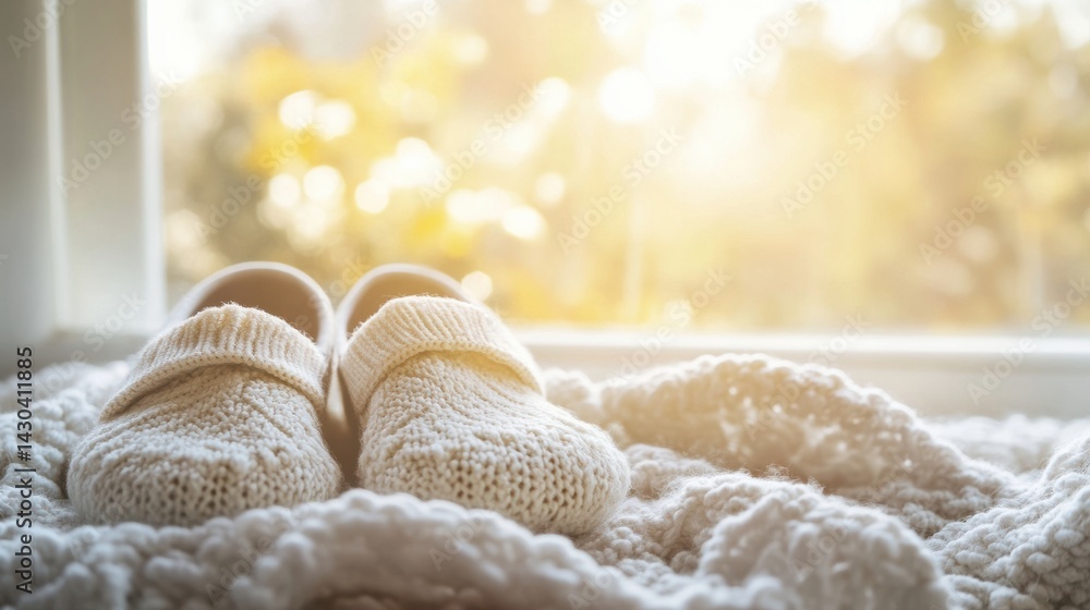 Poster baby shoes resting on a folded blanket illuminated by soft sunlight streaming through a window durin