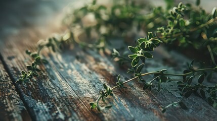 Fototapeta premium Close up of fresh thyme sprigs on weathered wooden surface with soft lighting and shallow depth of field