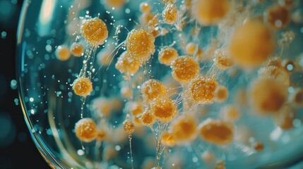 Close-up view of vibrant orange microorganisms suspended in liquid.