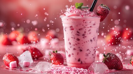 Product photo fresh burst strawberry milkshake cup take away with black straw, strawberry , splash ice cube and flying mint, mallow color background,  Generated AI.