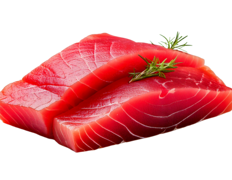  High-resolution, ultra-quality image of fresh ahi tuna steak, neatly cut and arranged on tra 