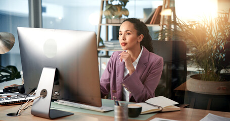 Research, advisor or woman thinking on computer for financial project, online review or economy...