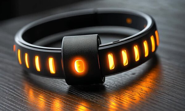 Sleek black fitness tracker with glowing orange lights on a wooden surface, showcasing modern technology