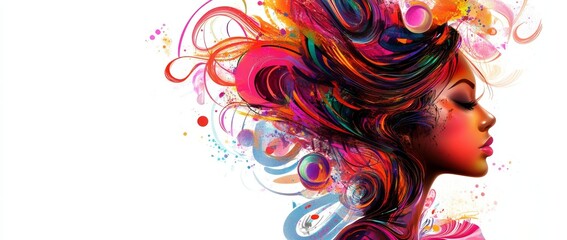 A vibrant and abstract representation of mental health, depicted through a colorful illustration of a happy woman's head in a paint splatter style