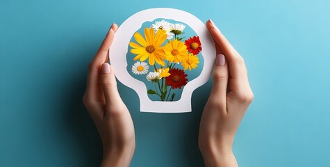 The idea of a positive attitude, mental health, and creative thinking is embodied by the human brain, with flowers in pastel colors serving as a symbol of inspiration