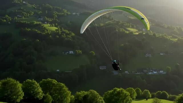 Witness a thrilling paragliding adventure over lush green hills at sunset, showcasing breathtaking mountain views and the beauty of nature. Perfect activity for adventure seekers.