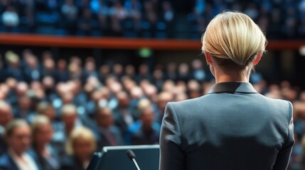 Fototapeta premium A large audience is listening to a speech being given by a female politician on stage