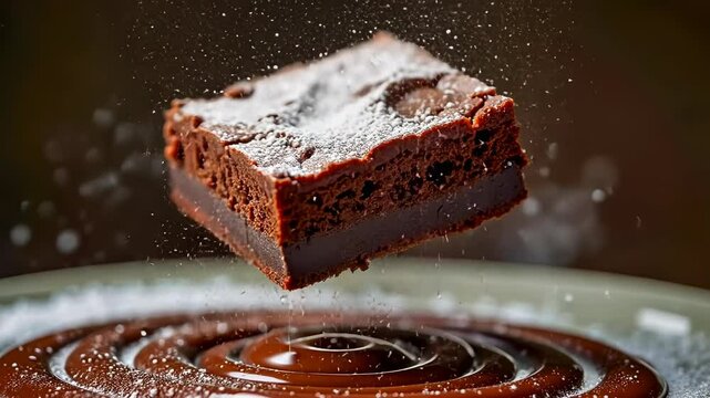 Fudge Brownie, chocolate dessert, sugary treat. Culinary delight. Powdered sugar falls on cake. Lush texture enhances flavor release. Baking process improves taste consistency.