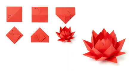 Step-by-step origami instructions for creating a red paper lotus flower.