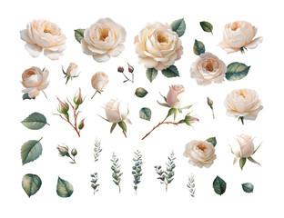 Set of roses. Cream Rose Clipart Set with Leaves and Buds – Transparent Background. Set for border, wreath, frame. Perfect wedding stationary, greetings, fashion, background.