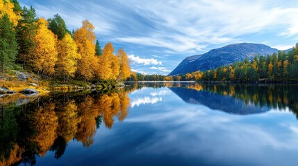 Fototapeta premium Serene lake surrounded by vibrant autumn foliage and mountains in the background.