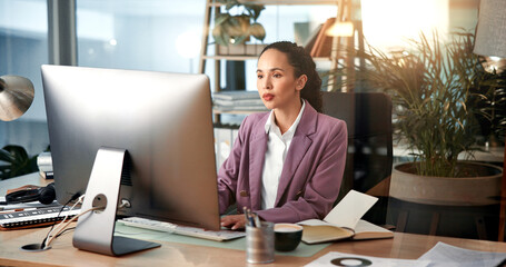 Research, notebook or woman on computer in finance for online project, review or economy website....