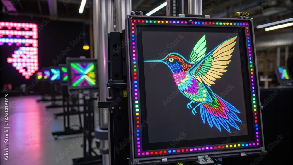 Poster a vibrant, illuminated display of a hummingbird in colorful lights, surrounded by similar screens in